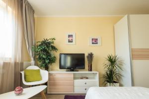a bedroom with a tv and a bed and a chair at Villa Sunset in Jadranovo