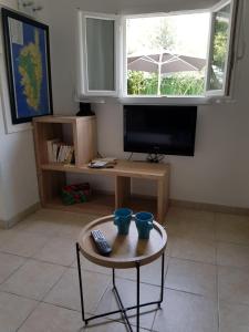 Un Charme Absolu في Bastelicaccia: غرفة معيشة مع طاولة قهوة وتلفزيون