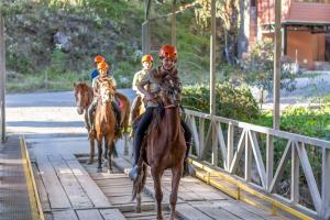 a group of people riding horses on a bridge at Sueños del Bosque Lodge in San Gerardo de Dota