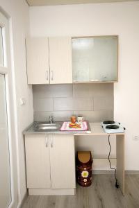 een kleine keuken met een wastafel en een aanrecht bij Apartments Victoria in Sutomore