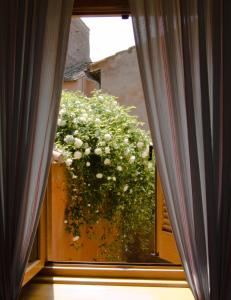 una ventana con un arbusto de flores mirando hacia fuera de ella en La Torretta, en Tuscania