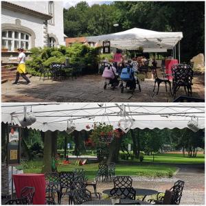 two pictures of a group of tables and chairs at Siesta Rodinný Resort in Pardubice