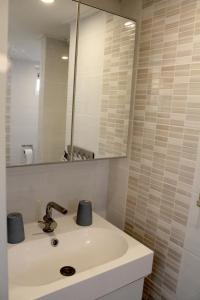 uma casa de banho com um lavatório e um espelho em Houseboat Linquenda em Woubrugge