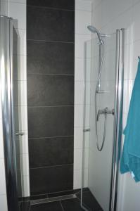 een badkamer met een douche en een glazen deur bij Ferienwohnung Gravemeier in Ladbergen
