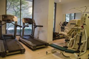 a gym with treadmills and exercise equipment in a room at Austral Rentahome Diego de Velazquez in Santiago