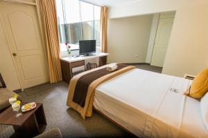 Cette chambre comprend un grand lit et une télévision. dans l'établissement Palmetto Hotel Business La Perla, à Lima