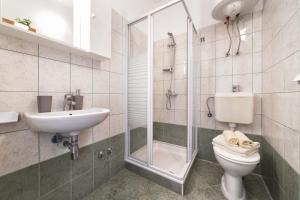 e bagno con servizi igienici, lavandino e doccia. di Apartments Petranić a Tisno (Stretto)