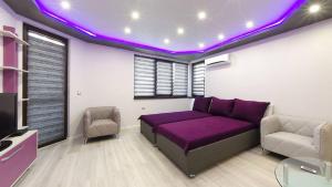 ヴェリコ・タルノヴォにあるApartment Relaxのベッドルーム(紫色のベッド1台、椅子2脚付)