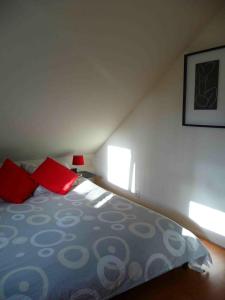 - une chambre avec un lit et deux oreillers rouges dans l'établissement Wellness vakantie villa, à Oudemirdum