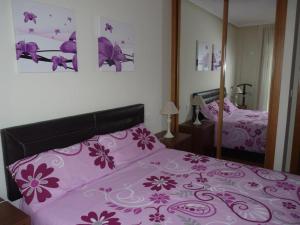 a bedroom with a pink bed and a mirror at Precioso Apartamento con Spa en Galicia / Playa Catedrales in Foz +14 photos