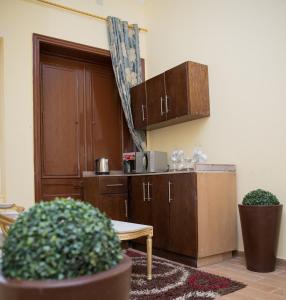 uma cozinha com armários de madeira e uma mesa e plantas em New Grand Royal Hotel Cairo no Cairo