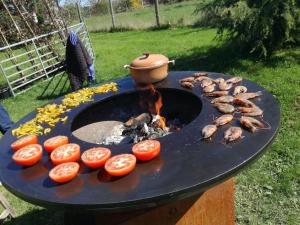 una parrilla con tomates y una olla en la parte superior en Cottage à la Jinolié en Damiatte