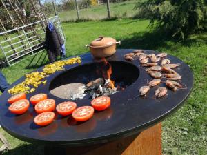 a grill with tomatoes and a pot on top at Cottage à la Jinolié in Damiatte