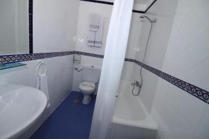 een badkamer met een toilet, een douche en een wastafel bij Hotel Mediterraneo Carihuela in Torremolinos