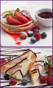 two pictures of food with fruit on a plate at Alex Hotel on Dybenko in Saint Petersburg