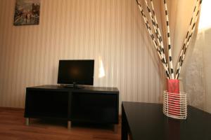 sala de estar con TV y armario negro en City Hostel, en Novosibirsk