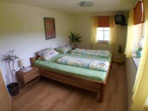 1 dormitorio con cama y ventana en Ferienhof Prinz, en Oberreute