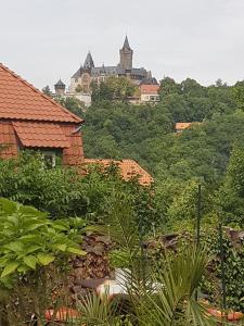 a house on a hill with a town in the background at Haus Andrea in Wernigerode