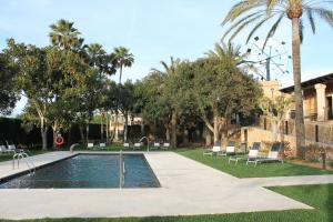 een zwembad in een park met stoelen en een palmboom bij Posada d' Es Molí in Playa de Palma