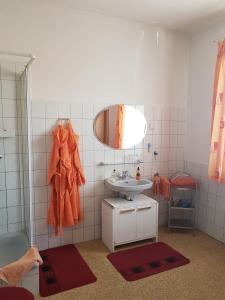 a bathroom with a sink and a mirror at Haus Andrea in Wernigerode