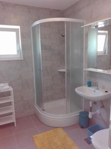 y baño con ducha y lavamanos. en Apartments Barić Kučište, en Kućište