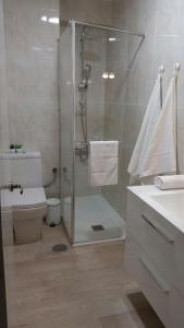 サンティアゴ・デ・コンポステーラにあるAdA Apartamentoのバスルーム(シャワー、トイレ、シンク付)