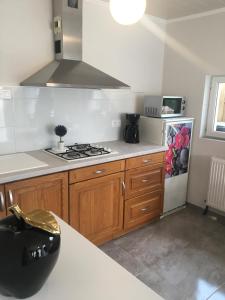 uma cozinha com fogão forno superior ao lado de um frigorífico em cosy logement à la campagne em Marthille