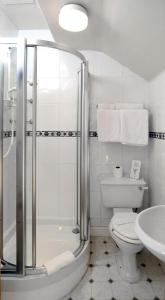 a bathroom with a shower and a toilet and a sink at Kirkwood Guest House in Windermere