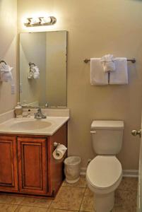ein Badezimmer mit Toilette, Waschbecken und Spiegel in der Unterkunft Gulf Stream Cottages 300 in Myrtle Beach