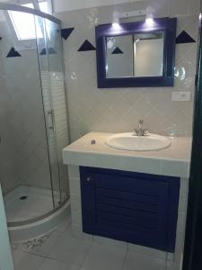 ein Bad mit einem Waschbecken, einer Dusche und einem Spiegel in der Unterkunft Studio Samba in Saly Portudal