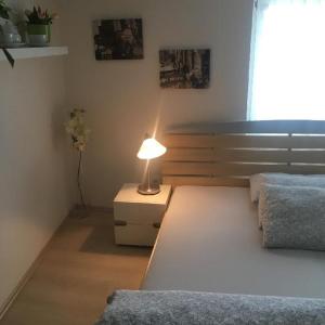 1 dormitorio con 2 camas y mesita de noche con lámpara en Apartment Pod Kotnovem, en Tábor
