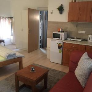 a living room with a couch and a kitchen at Apartment Pod Kotnovem in Tábor