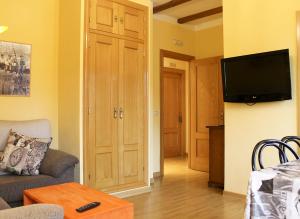 a living room with a couch and a flat screen tv at Apartamentos Monasterio in San Martín de Castañeda