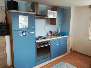 eine blaue Küche mit einem Herd und einer Mikrowelle in der Unterkunft BIO-Peisingerhof in Sankt Stefan ob Leoben