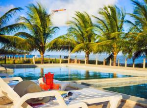 a swimming pool with chairs and palm trees and the ocean at Chales Maragogi in Maragogi