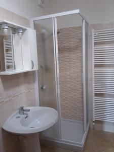 a bathroom with a white sink and a shower at campeggio internazionale del sole in Viverone +26 photos