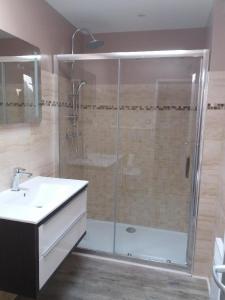 ein Bad mit einer Dusche mit einem Waschbecken und einer Duschkabine aus Glas in der Unterkunft Gîte Mimi in Saint-Sulpice-de-Faleyrens