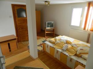 a bedroom with a bed and a tv in it at Pensiunea Buzdugan in Moieciu de Jos