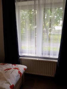 a bedroom with a window and a bed in front of it at Apartamenty u Bodzia in Stronie Śląskie