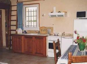 a kitchen with a sink and a refrigerator and a table at La Bastide des Raisins in Apt