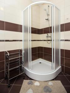 eine Dusche mit einer Glastür in einem Badezimmer in der Unterkunft Apartment Jusepe in Trogir