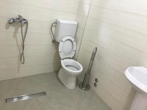 La salle de bains est pourvue de toilettes et d'un lavabo. dans l'établissement Vip Apartmani Canj, à Čanj
