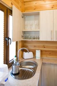 une cuisine avec un évier dans une petite maison dans l'établissement Domki Letniskowe Roztocze, à Zwierzyniec