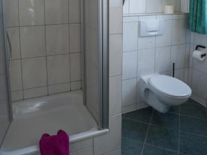 a white bathroom with a toilet and a shower at Ferienhaus am Maiglöchchenberg 5 in Ostseebad Karlshagen
