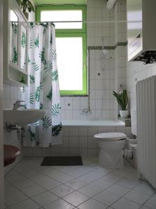 a bathroom with a toilet and a sink and a shower curtain at Ferienwohnung Krempe in Krempe