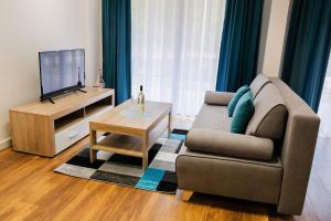 een woonkamer met een bank en een televisie bij Apartamenty ZEFIR - MARINA BORKI in Augustów
