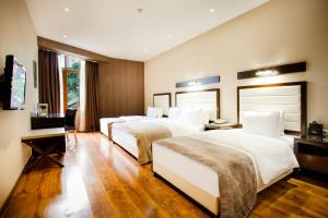 um quarto de hotel com duas camas e uma secretária em Hotel Orion Tbilisi em Tbilisi