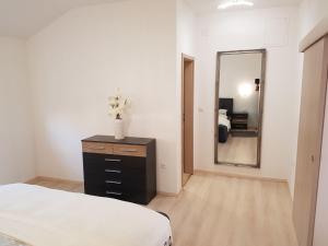a bedroom with a bed and a dresser and a mirror at Apartment Roko Kolinda 1 in Bibinje
