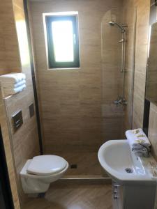 a bathroom with a toilet and a sink and a shower at Family Hotel Novel City in Burgas +77 photos