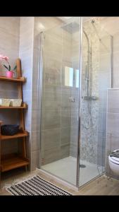 una ducha con puerta de cristal en un baño en koh tao, en Canet-en-Roussillon